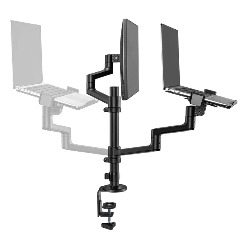 Suport dublu laptop de birou Neomounts DS20-425BL2; pentru display-uri cu diagonale 17"-27", sistem de prindere VESA 75x75~100x100, greutate maxima suportata 8kg, tilt +90°, -30°, swivel 90°, rotate 360°, distanta fata de perete 162-494mm; inaltime reglabila manual 275-555mm; culoare negru. Garantie — miniatură