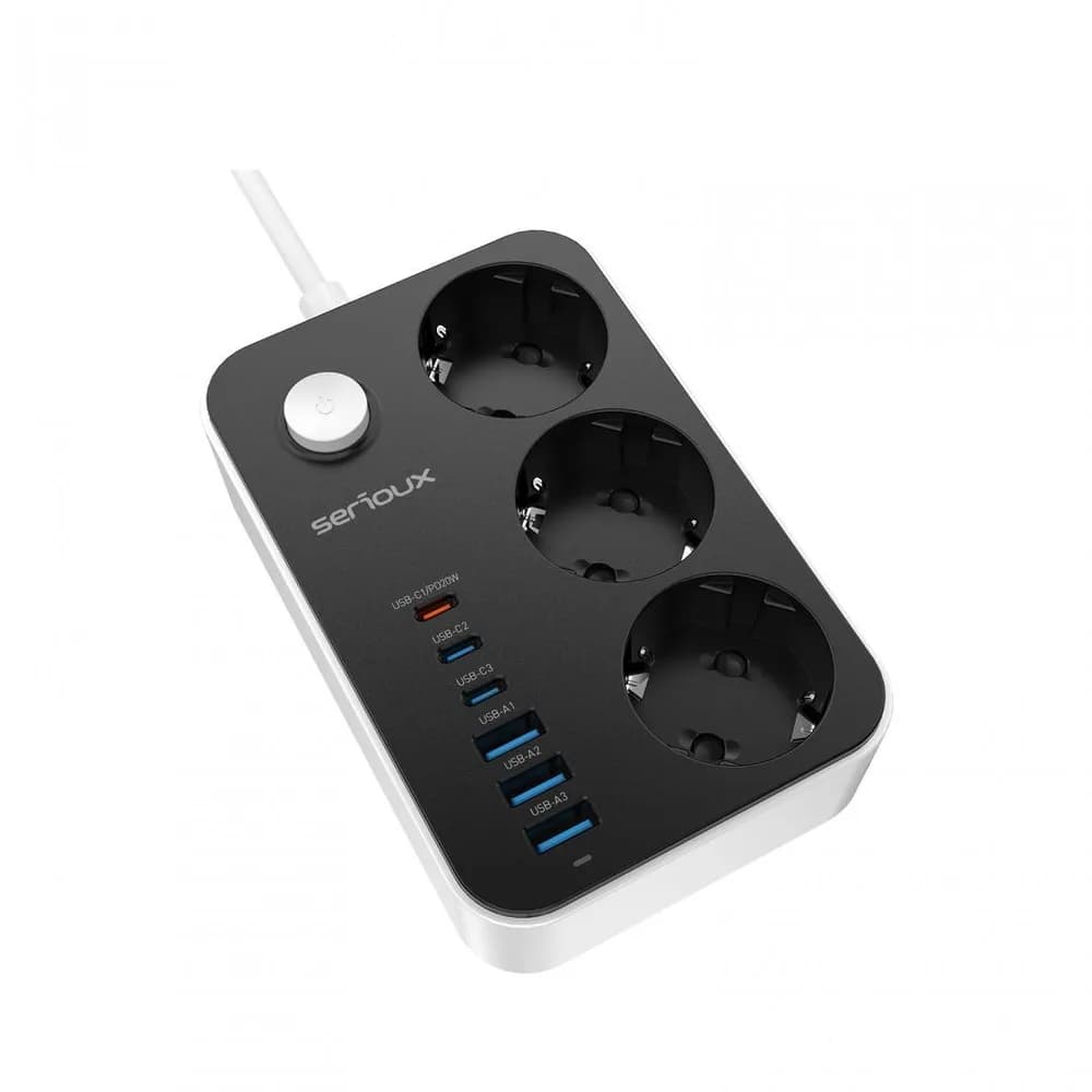 Prelungitor cu protectie Serioux SRXP-PS36B, 3 prize schuko Tensiune intrare: 100-240V, 50-60Hz Tensiune ieşire (total): 2500W – 10A 6 porturi USB (auto max): 15.5W USB-C2/C3/A1/A2/A3 - 12W USB-C1-20W Amperaj port USB (max): 3.4A Funcţie auto ID — miniatură