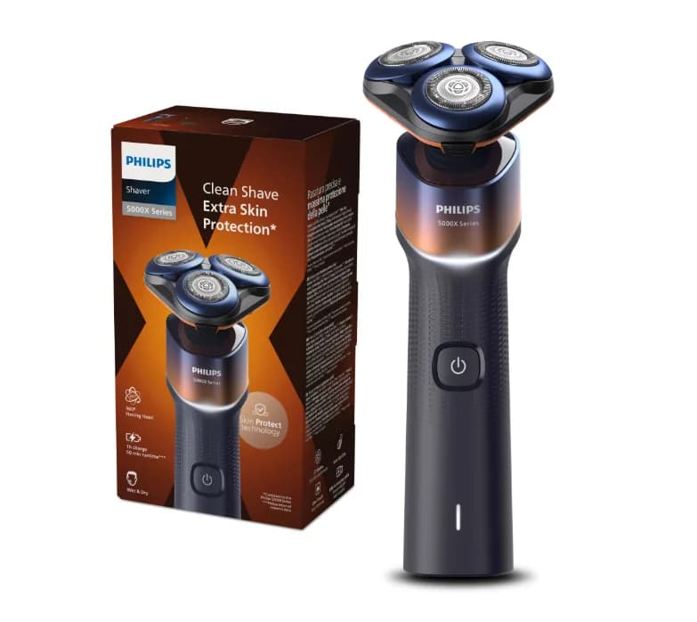 Aparat de ras PHILIPS Seria 5000 X5012/00, barbierit umed/uscat, tehnologie SkinProtect, capete flexibile 360, 50 de min, lame ComfortCut, Crom/Portocaliu