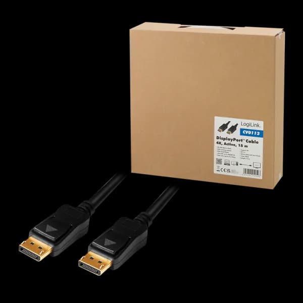 CABLU video LOGILINK, DisplayPort (T) la DisplayPort (T) 1.2, 15m, amplificare, conectori auriti, rezolutie maxima 4K (3840 x 2400) la 60 Hz, plastic, triplu ecranaj, negru, "CV0113" — miniatură