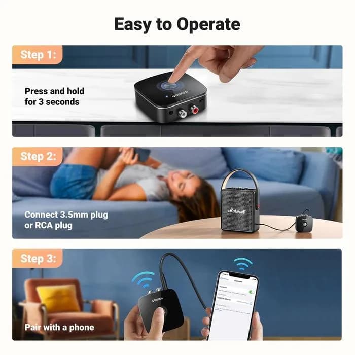 ADAPTOR Bluetooth audio Ugreen, "CM123" acumulator inclus, 1 x jack 3.5mm, 2xRCA output, convertor audio wireless,versiune bluetooth 5.0 A2DP, negru "30445" - 6957303834457 — miniatură