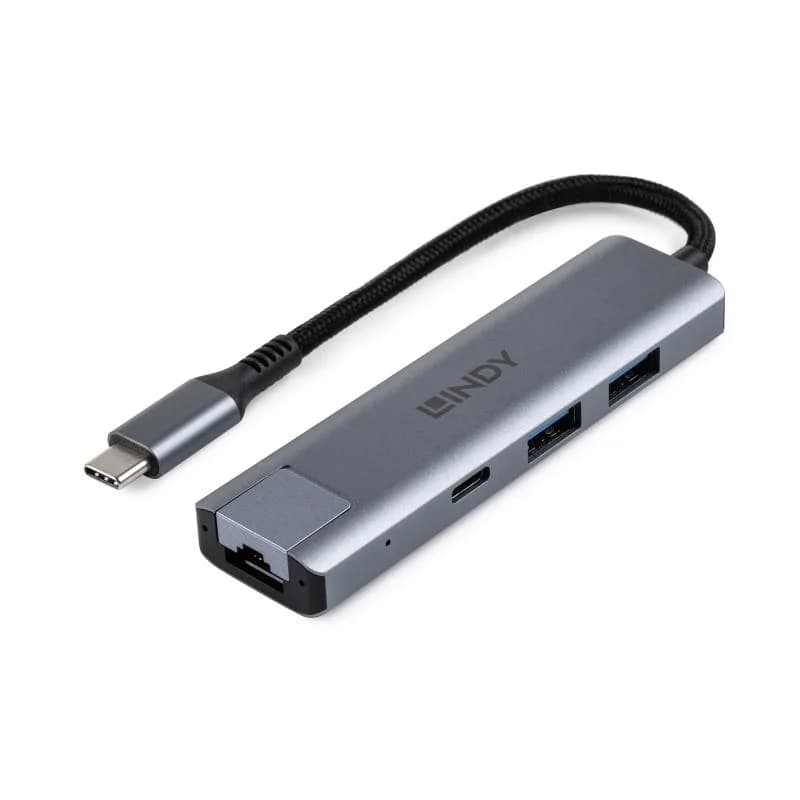 Hub USB LINDY USB 3.2 Gen 2 Type C Hub & Gigabit Ethernet, USB-C, 4 porturi, RJ-45, Gri