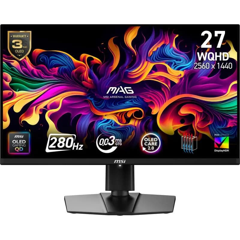 MSI MAG 271QP QD-OLED X28. Display diagonal: 67.3 cm (26.5"), Display resolution: 2560 x 1440 pixels, HD type: Wide Quad HD, Display technology: QD-OLED, Display surface: Matt, Response time: 0.03 ms, Native aspect ratio: 16:9, Viewing angle, horizontal: 178°, Viewing angle, vertical: 178°. VESA