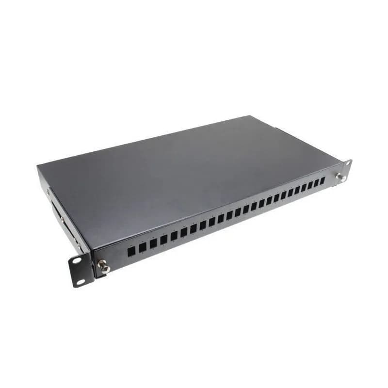 PATCH PANEL Emtexl FO cu sina glisanta 24 porturi LC duplex / SC simplex, 1U, caseta sudura 24, tub termo, accesorii prindere, neechipat, negru - EMTEX "SPS24SCS-RF-VK"