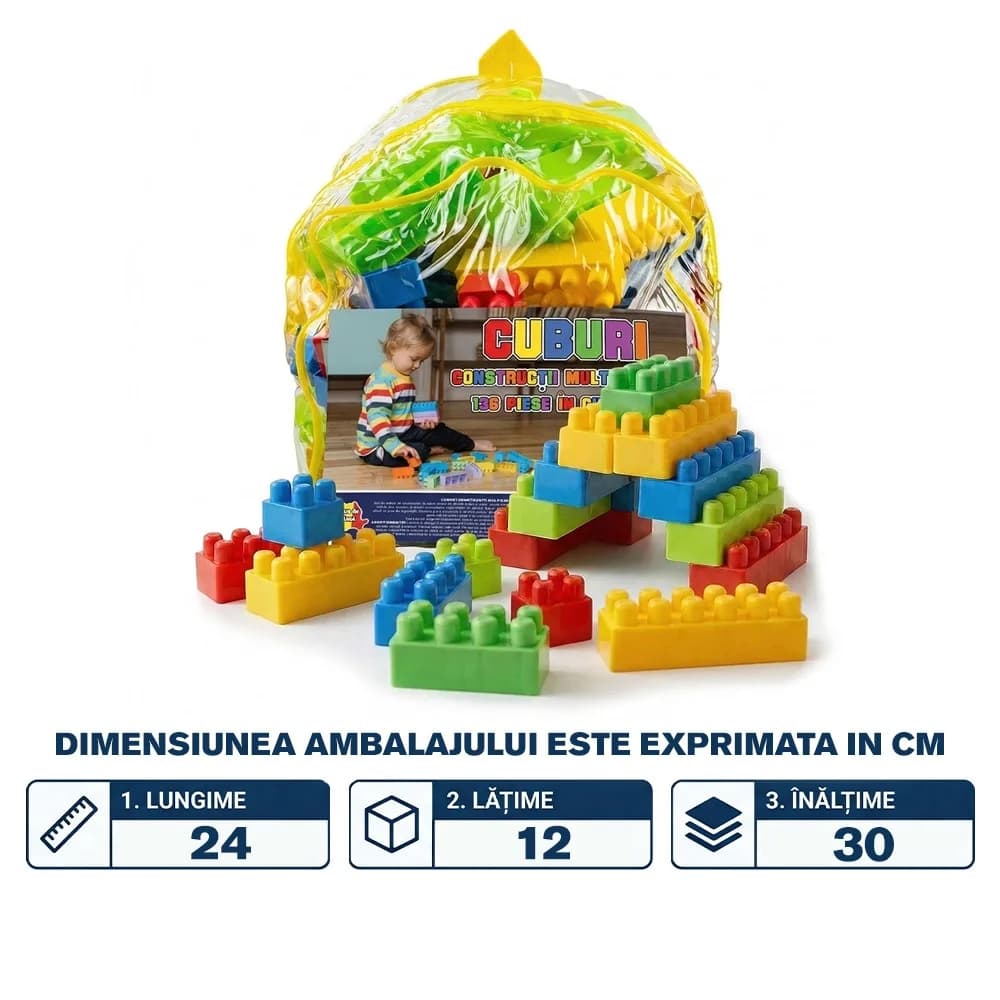 Cuburi constructii, multicolore, 136 piese/ghiozdan - ROBENTOYS — miniatură