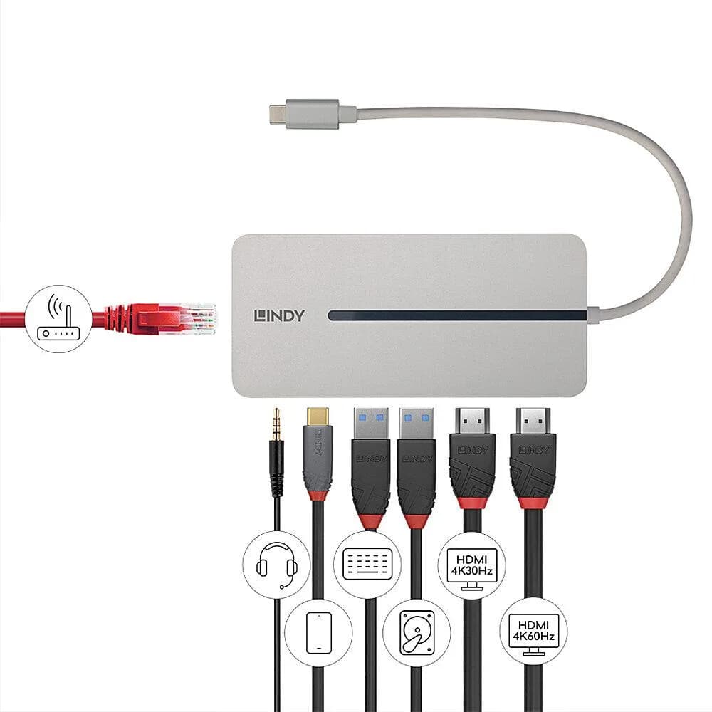 Hub USB LINDY DST-Mx Duo, USB-C, 10 porturi, HDMI, RJ-45, Argintiu