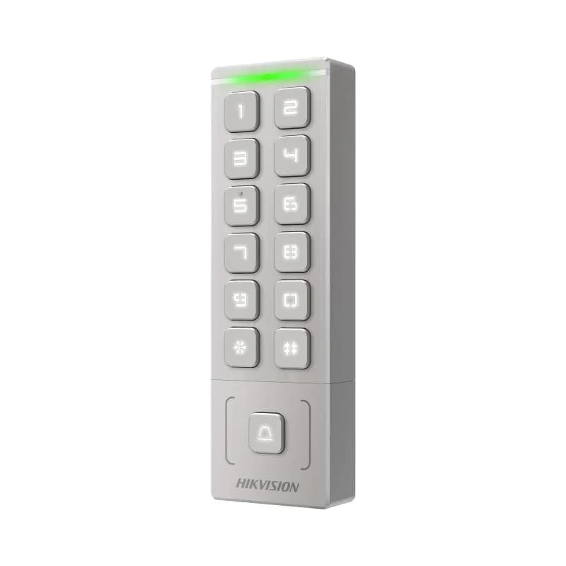 Cititor de proximitate cu tastatura Hikvision DS-K1T809EWX, card sau PIN, maxim 5000 carduri si 1000 useri, cititor pentru carduri EM incorporat, Wiegand out, supports Wiegand 26/34, alimentare: 12 VDC, 1 A, protectie: IP65, dimensiunii: 151 mm × 48 mm × 21.5 mm, montare aparenta.