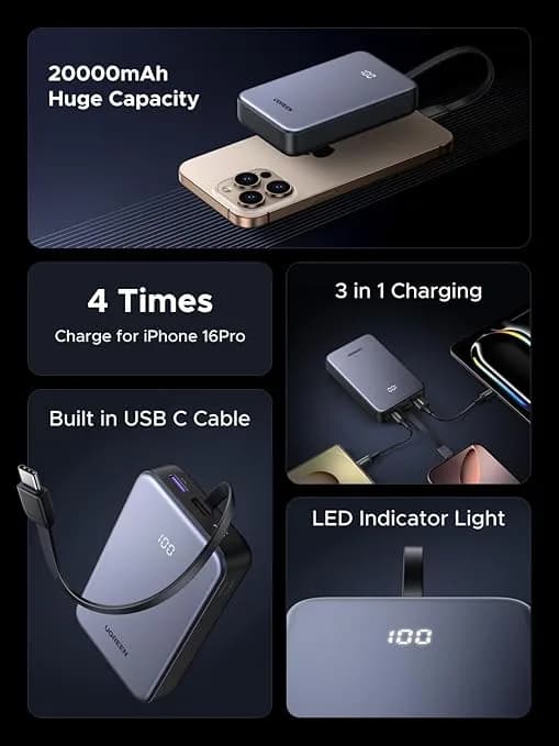 POWER BANK Ugreen "PB505", 20000mAh, 20W, 1 x USB Type-C input/output, cablu USB Type-C integrat, gri "45762" — miniatură