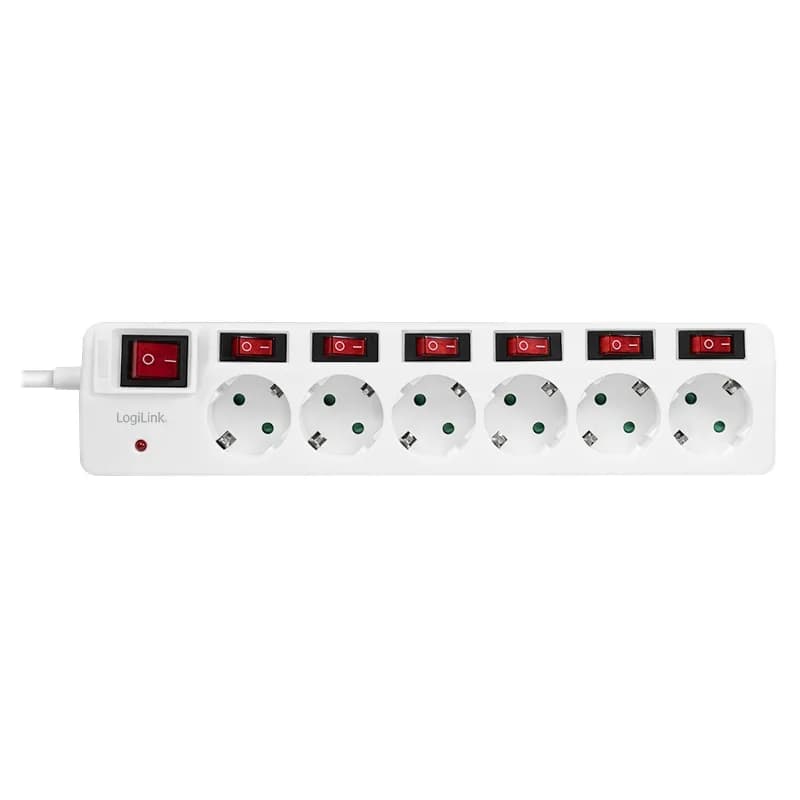 PRELUNGITOR LOGILINK, Schuko x 6, conectare prin Schuko (T), cablu 1.5 m, 16 A, protectie copii, alb, "LPS250" — miniatură