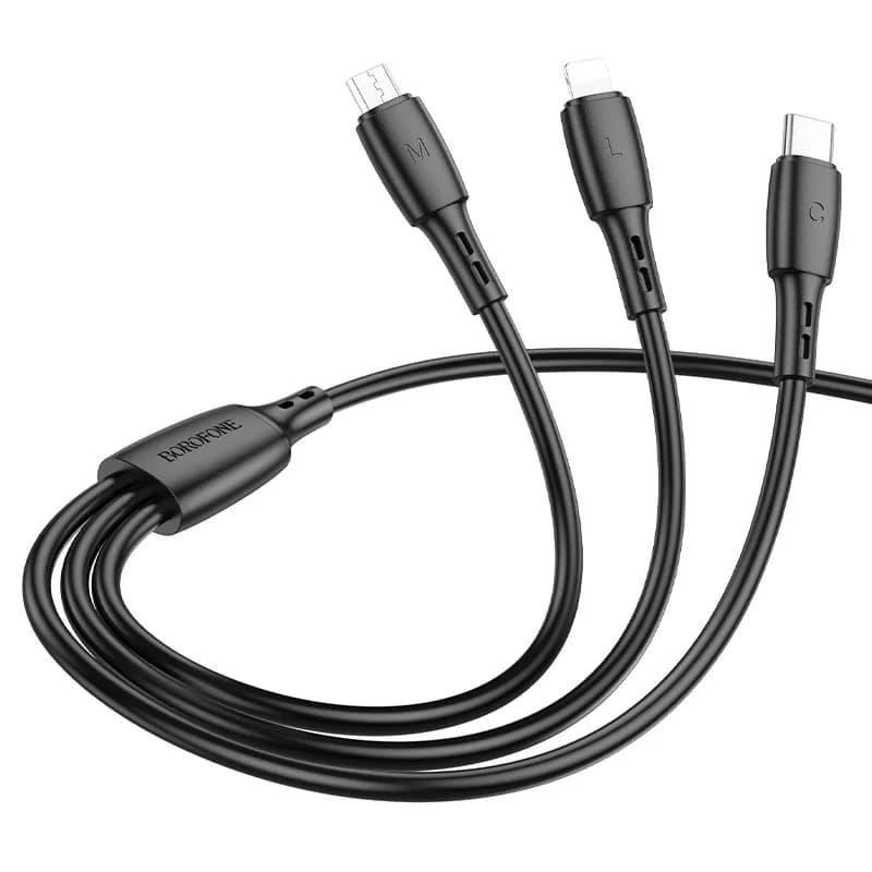 CABLU alimentare Borofone "BX71", pt smartphone,USB la Micro-USB+Lightning + USB Type-C 2A, 1m, negru "6974443384543"