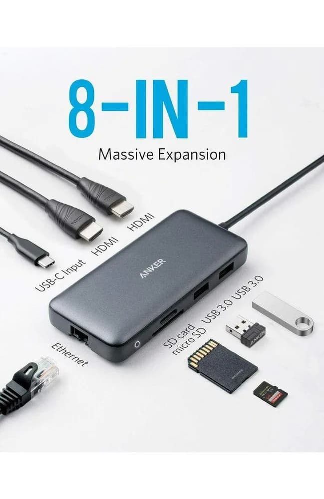 DOCKING Station Anker 8-in-1,porturi: 2xHDMI(M),2xUSB 3.2 gen1 (M), RJ-45,PD 100W,SD/microSD,conectare prin USB-C (T),rata transfer 5 Gbps,ABS, gri "A83800A1" - 0194644138974 — miniatură