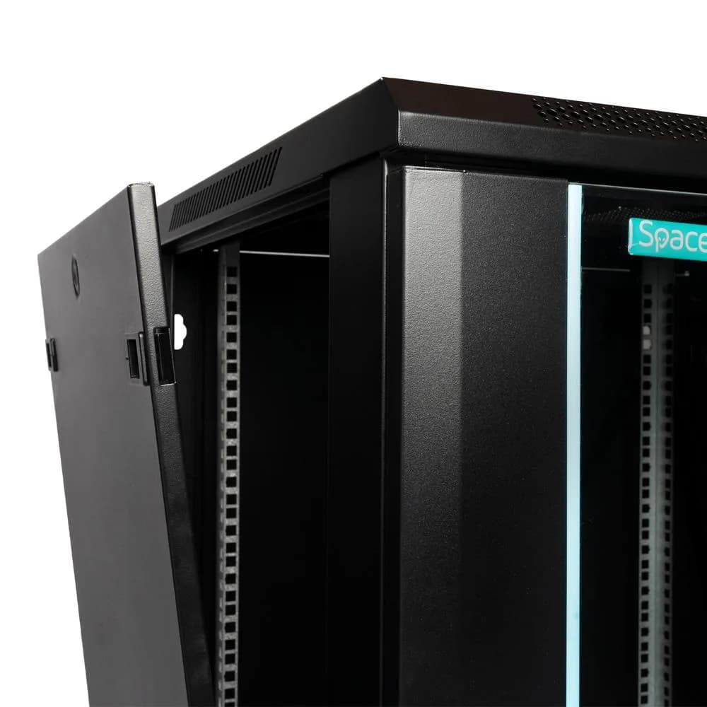 CABINET 19″ SPACER 18U 600x600mm, fixare pe perete, Flatpack (dezasamblat), Black, usa sticla cu blocare, panouri detasabile, otel 1.5mm, sarcina maxima 60Kg — miniatură
