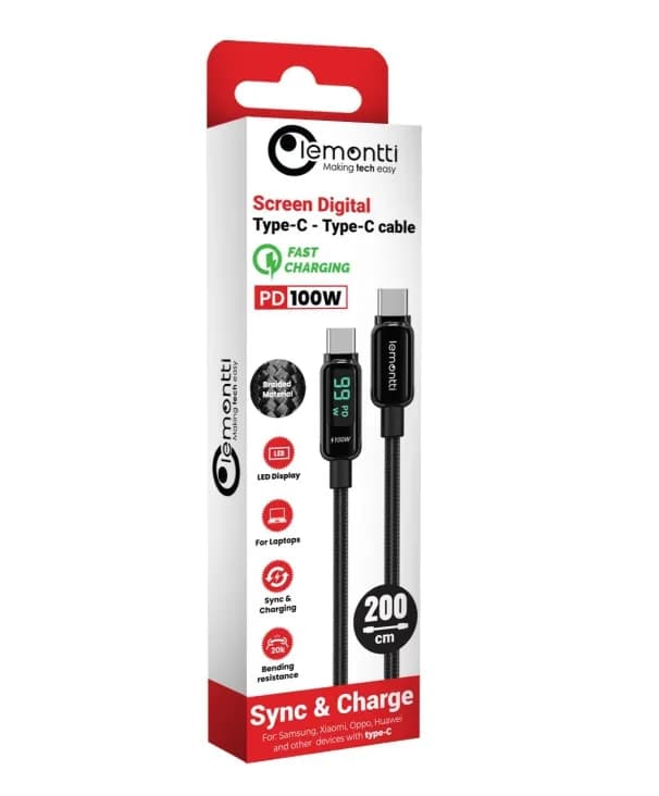 Cablu Lemontti Screen Digital Display Type-C la Type-C, Fast Charge, 100W, lungime 2m, Negru — miniatură