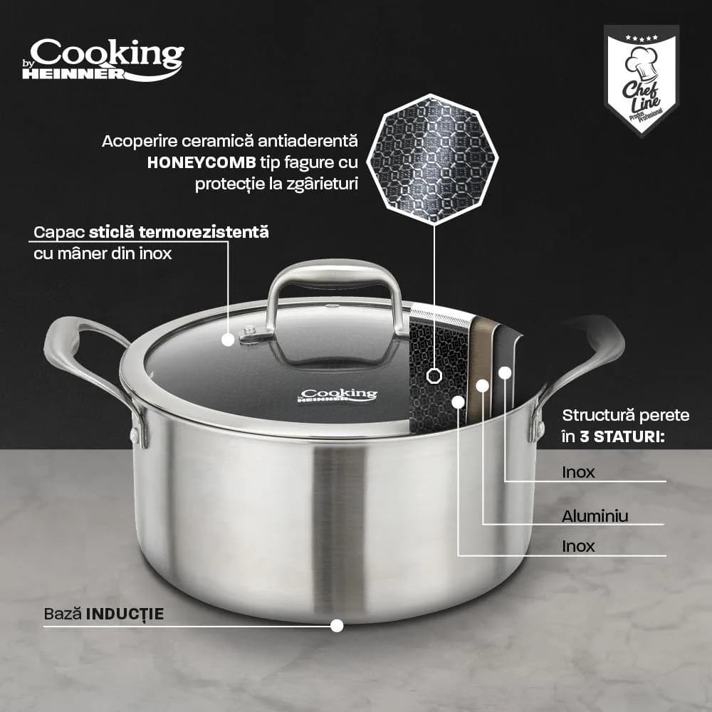 SEMIOALA INOX+CAPAC STICLA IN 3 STRATURI 24x12 CM, 5 L, TITANIUM3, COOKING BY HEINNER — miniatură