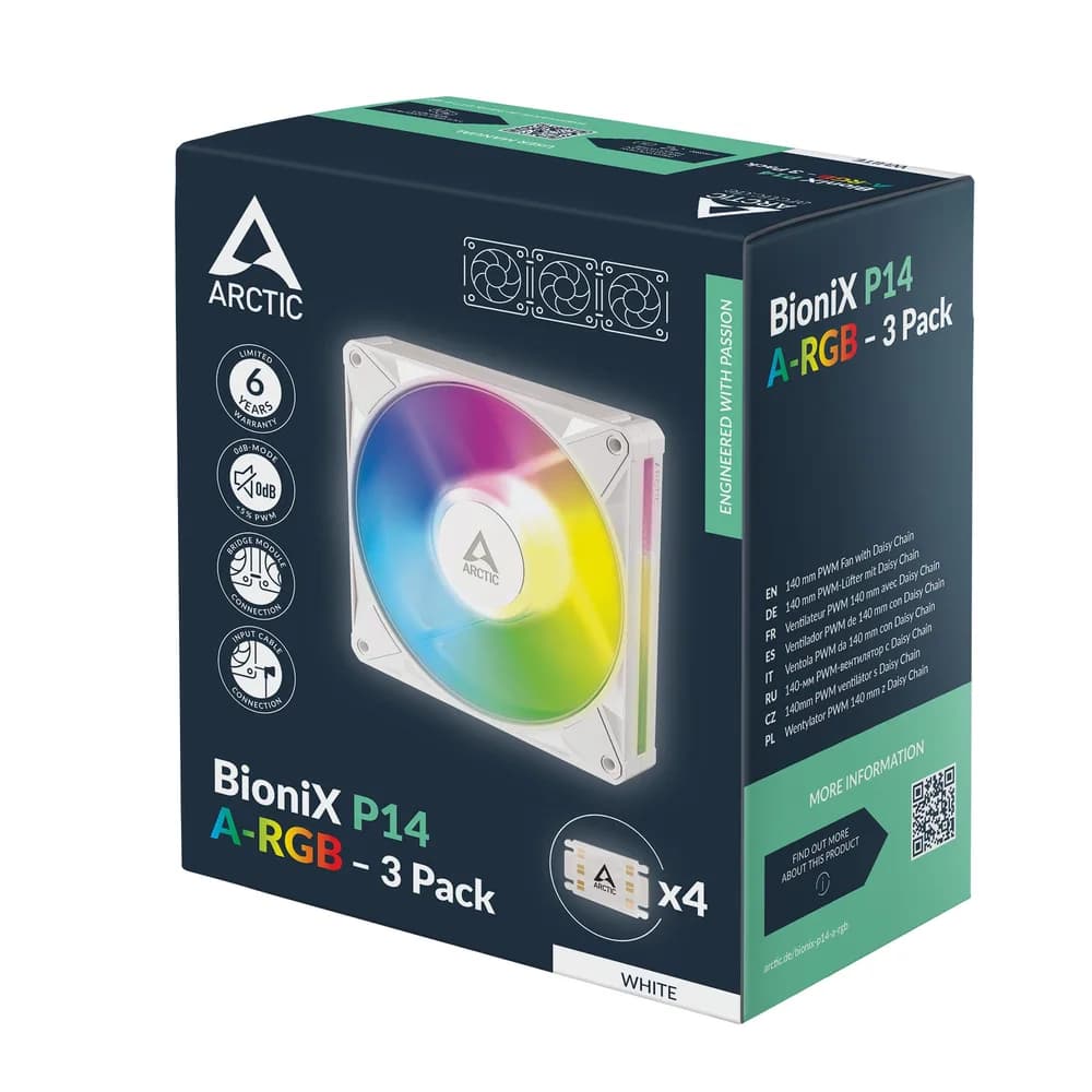 Set 3 ventilatoare Arctic "BioniX P14 A-RGB Wh", 140mm, 450 - 3000 RPM, FDB, 76 cfm, 4-Pin PWM | 3-pin ARGB, alb, "ACFAN00342A" — miniatură