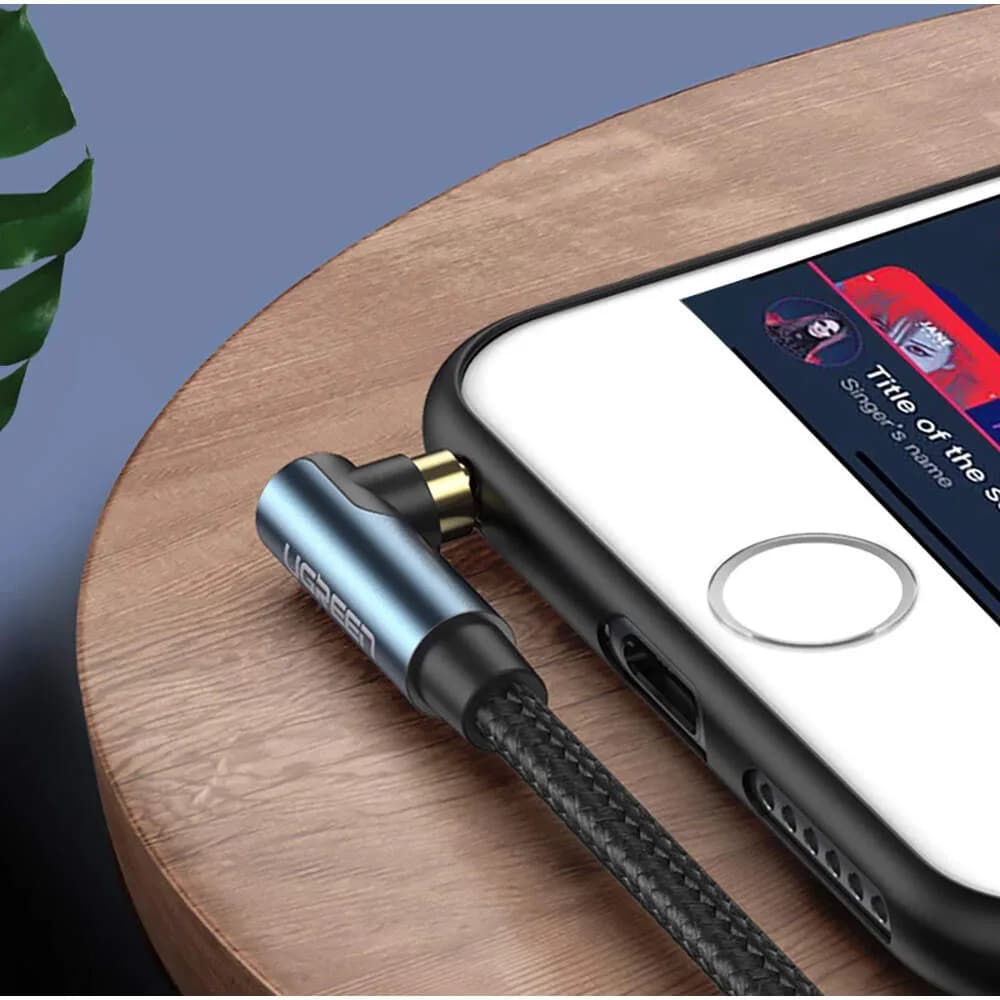 CABLU audio Ugreen, "AV112" stereo (3.5 mm jack T/T), conectori auriti, 1m, braided, unghi de 90 grade la un cap, albastru "60179" - 6957303861798 — miniatură