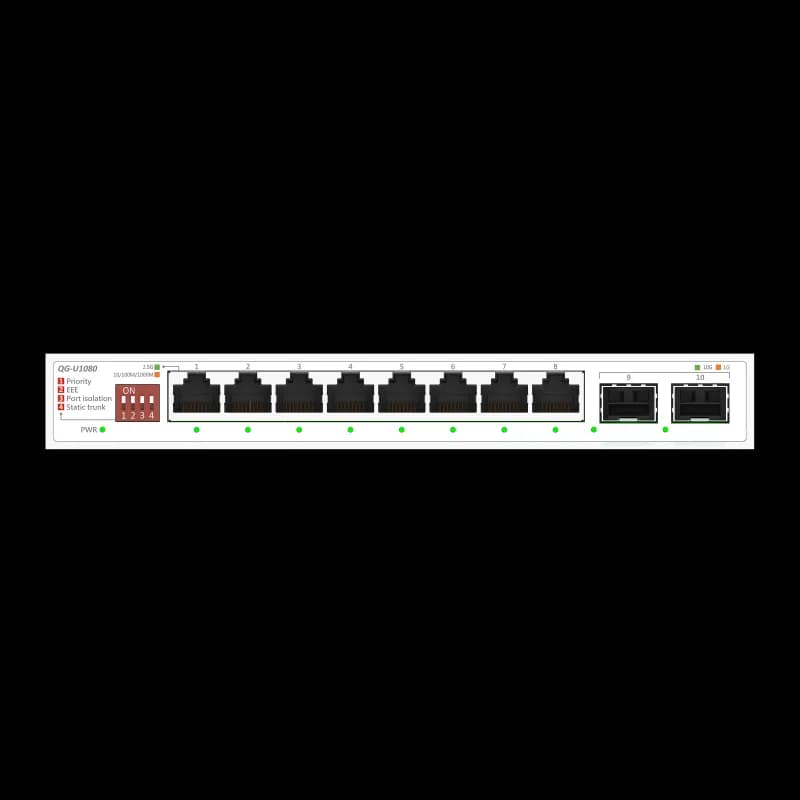 ASUS QG-U1080. Switch type: Unmanaged. Basic switching RJ-45 Ethernet ports type: 2.5G Ethernet (100/1000/2500), Basic switching RJ-45 Ethernet ports quantity: 8. MAC address table: 16000 entries. Networking standards: IEEE 802.3ab, IEEE 802.3bz, IEEE 802.3u, IEEE 802.3x, IEEE 802.3az. DC input