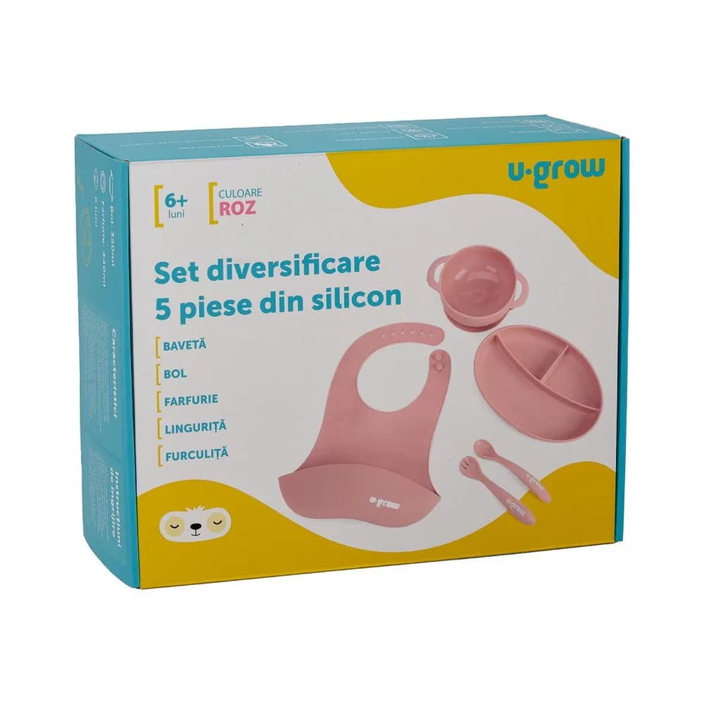 Set diversificare 5 piese silicon : baveta, bol, farfurie, lingurita si furculita, roz, U-Grow — miniatură