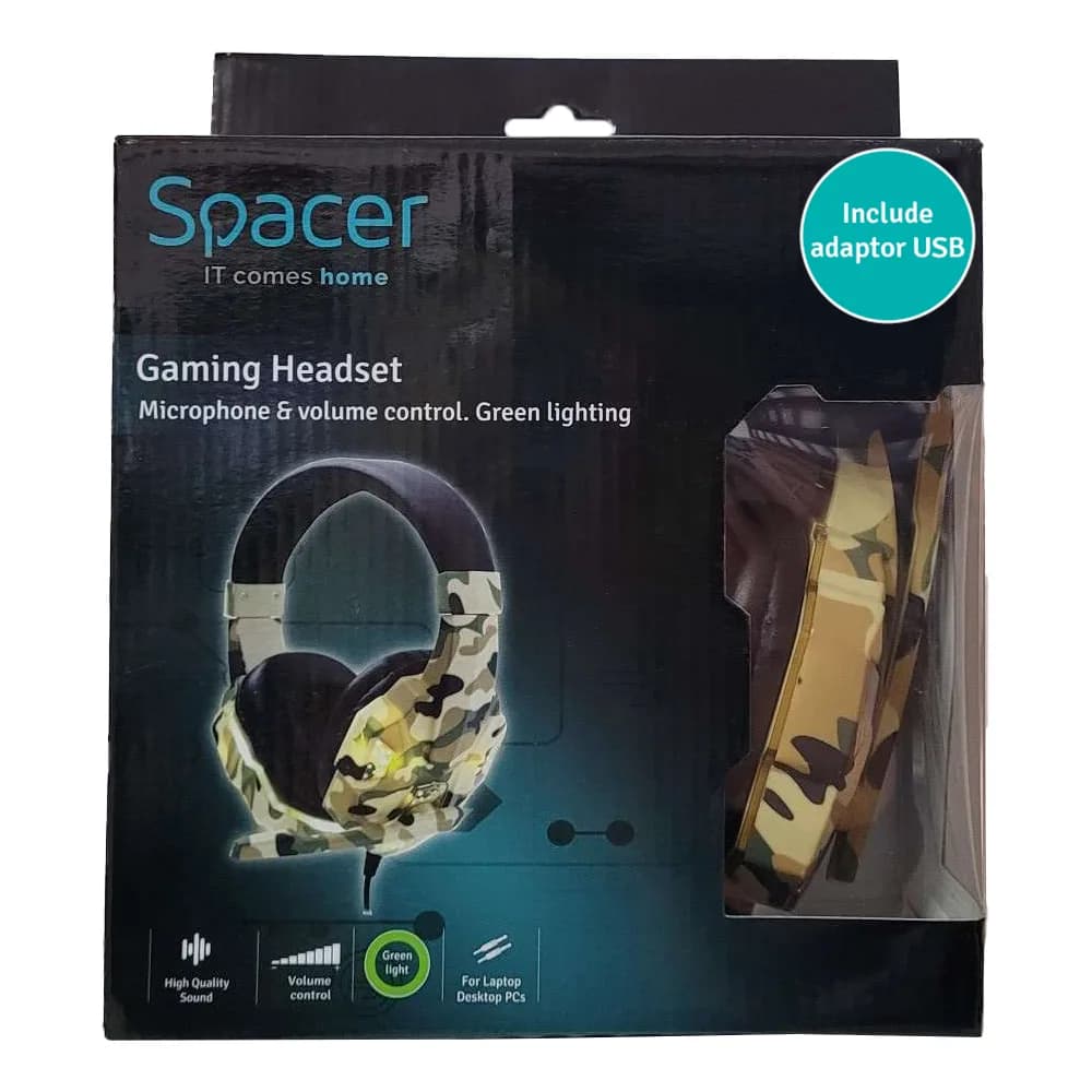 CASTI Spacer, cu fir, standard, utilizare gaming, microfon pe brat, conectare prin adaptor USB 2.0 sau Jack 3.5 mm x 2, lumina verde, camuflaj, "SPGH-CAMO-USB" — miniatură