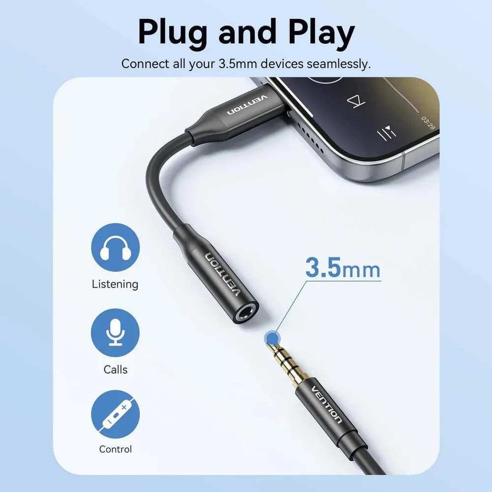 Adaptor audio Vention, USB-C (T) la Jack 3.5mm (M), 0.1m, PVC, negru, "BIIBA" -6922794792692 — miniatură
