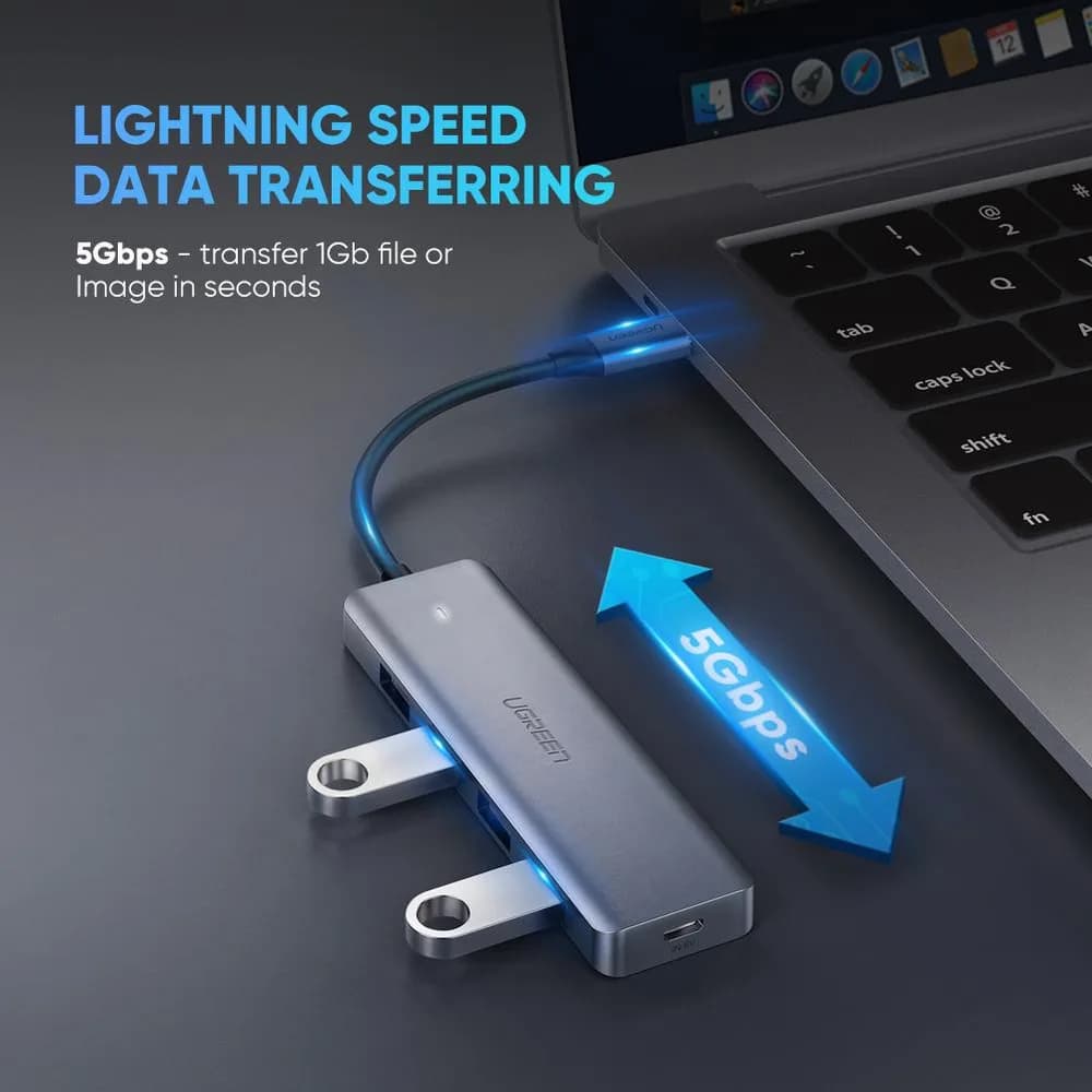 HUB extern Ugreen, "CM219" porturi USB: USB 3.0 x 4, conectare prin USB Type-C, aluminiu, lungime 15 cm, gri, "70336" - 6957303873364 — miniatură