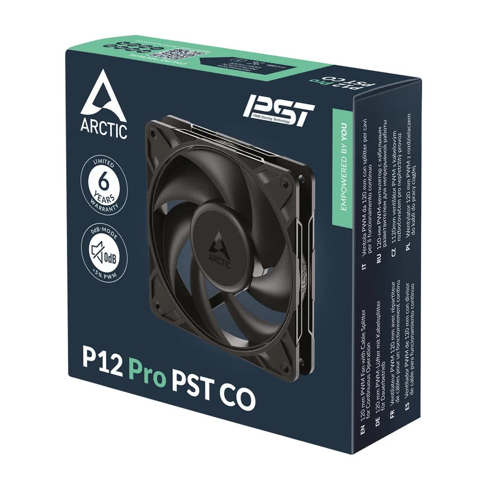 Ventilator Arctic "P12 Pro PST CO", 120mm, 600 - 3000 RPM, Dual Ball Bearing, 77 cfm, 4-Pin Fan Plug + 4-Pin Socket, lungime cablu 400 mm + 80 mm Daisy-Chain, negru, "ACFAN00312A" - 4895265000140 — miniatură