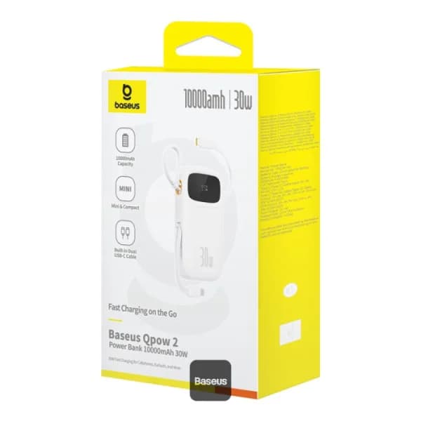 POWER BANK Baseus Qpow2 Digital Display, 10000mAh, 30W, 2 x USB Type-C output/input, 1 x USB, include cablu USB Type-C la USB Type-C 30cm, alb, "P10055008213-00" - 6932172667733 — miniatură