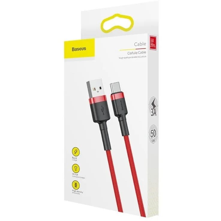 CABLU alimentare si date Baseus Cafule, Fast Charging Data Cable pt. smartphone, USB la USB Type-C 3A, 1m, rosu "CATKLF-B09" - 6953156278196 — miniatură