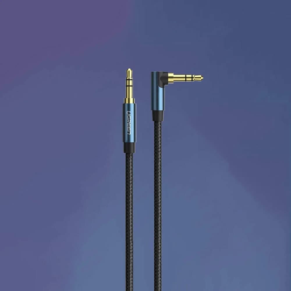 CABLU audio Ugreen, "AV112" stereo (3.5 mm jack T/T), conectori auriti, 1m, braided, unghi de 90 grade la un cap, albastru "60179" - 6957303861798 — miniatură