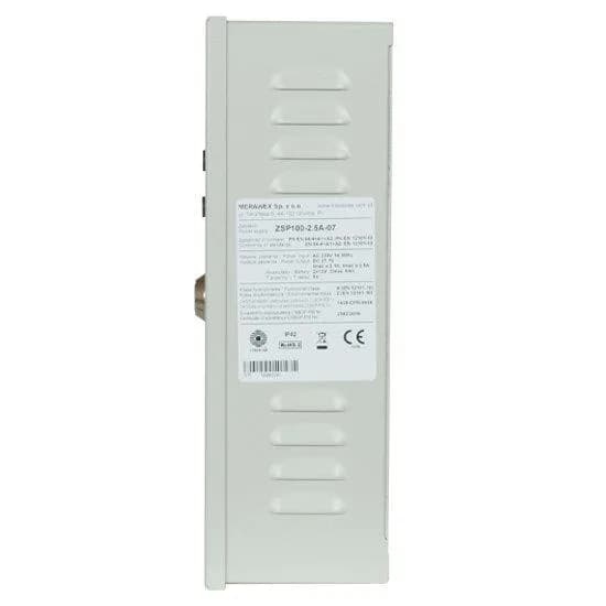 Sursa de alimentare pentru sisteme de detectie incendiu 24V/2.5A in cutie metalica Merawex ZSP100-2.5A-07, loc pentru 2 acumulatori 12V/9Ah, Tensiune de intrare: 100/230VAC, eficienta ridicata sub sarcina si consum redus, comunicare RS-232 / RS-485, rata scazuta de esec (0,5% in trei ani), iesiri — miniatură