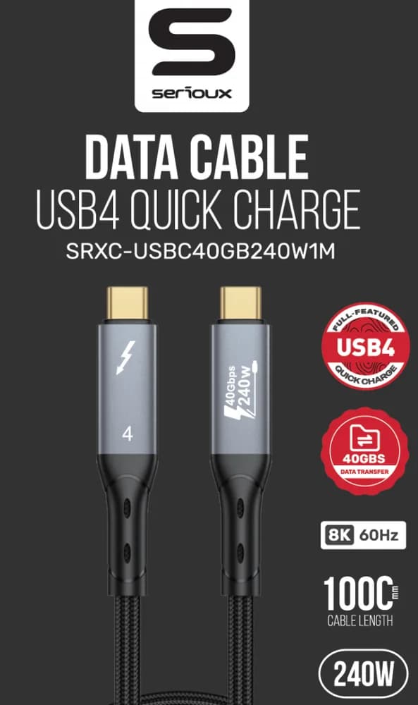 Cablu Serioux USB-C la USB-C, 240W, E-marker Chip integrat, viteza transfer 40Gbs, lungime cablu 100cm, iesire video 8K@60HZ sau Dual 4k@ 60hz, negru — miniatură