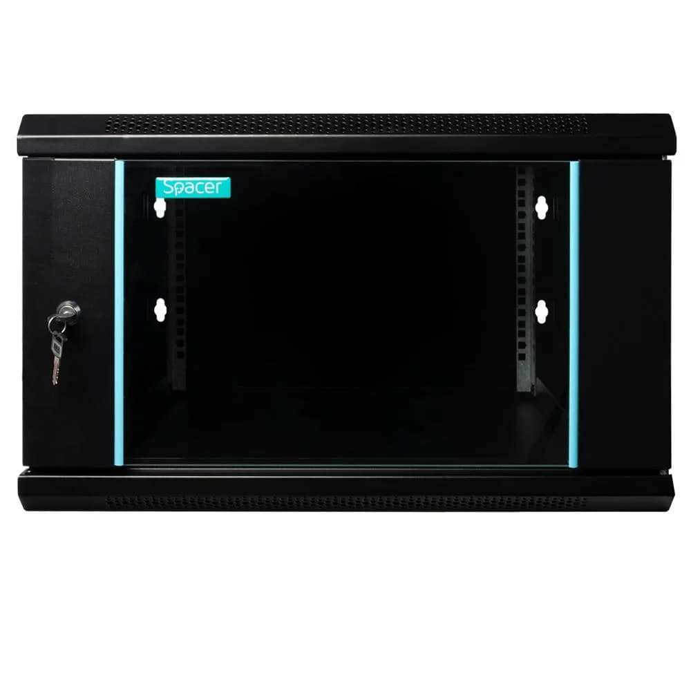 CABINET 19″ SPACER 6U 600x600mm, fixare pe perete, Flatpack (dezasamblat), Black, usa sticla cu blocare, panouri detasabile, otel 1.5mm, sarcina maxima 60Kg — miniatură