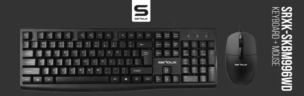 Kit Serioux cu fir, Tastatura: interfata USB, 104 taste, material ABS, US layout, lungime cablu 1.5m PVC, dimensiuni 440*159*25mm, negru, Mouse: interfata USB, 4 butoane, polling rate 125 Hz, rezolutie DPI 1000, lungime cablu 1.5m PVC, dimensiuni 109*61*37mm, negru — miniatură