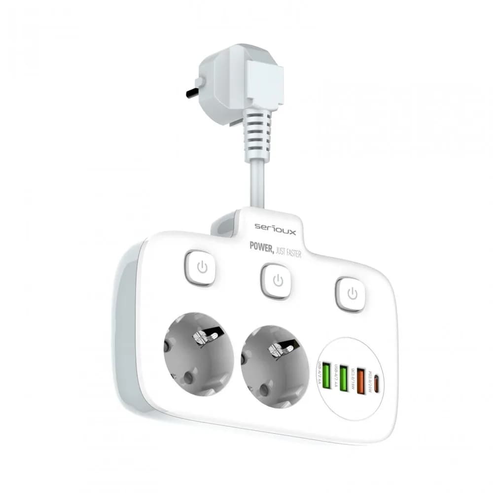 Prelungitor tip priza cu protectie Serioux Quick Charge 3.0, parametri nominali: 2500W-10A(Max) 250V, Intrare: AC100-250V 10A 50/60HZ, Ieșire PD: 5V=3A 9V=2.22A 12V=1.67A 20W (MAX), Ieșire QC: 5V-3A 9V=2A 12V=1.5A 18W (MAX), Ieșire Auto-ID: 5V-2.4A 12W (MAX) Putere totală: 20W MAX — miniatură