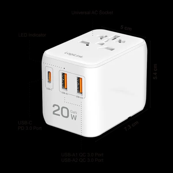 ALIMENTATOR retea 220V LOGILINK, universal, 1 x USB-C, 2 x USB-A, maxim 12V/1.67A, PD 20W, suport OCP/OVP/OHP/SCP, compatibil EU/AUS/US/UK, alb, "PA0356" — miniatură