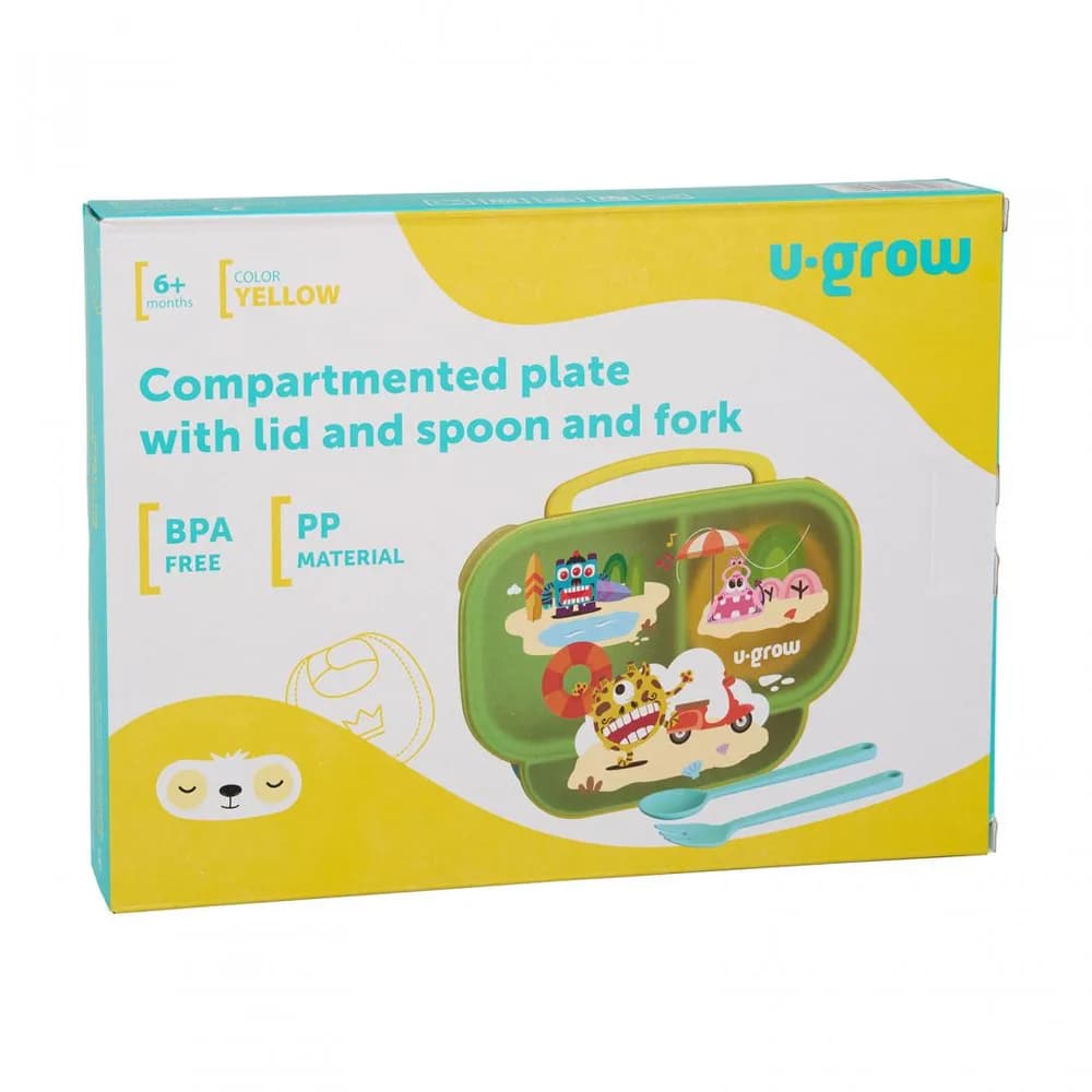 Farfurie compartimentata cu capac si lingurita si furculita, galbena, U-Grow — miniatură