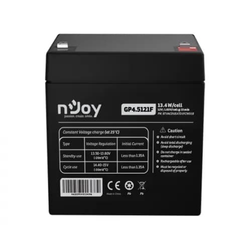 Acumulator nJoy GP4.5121F 12V Capacitate 14,95W/cell evaluat la 1.65V/cell @ 15 min, Tensiune 12V, Tip VRLA, Caracteristici Sigilata complet si fara intretinere, Peste 260 de cicluri la 100% DOD, Utilizare standard 3-5 ani, Auto-descarcare redusa, Conectori : F1 - Faston Tab 187