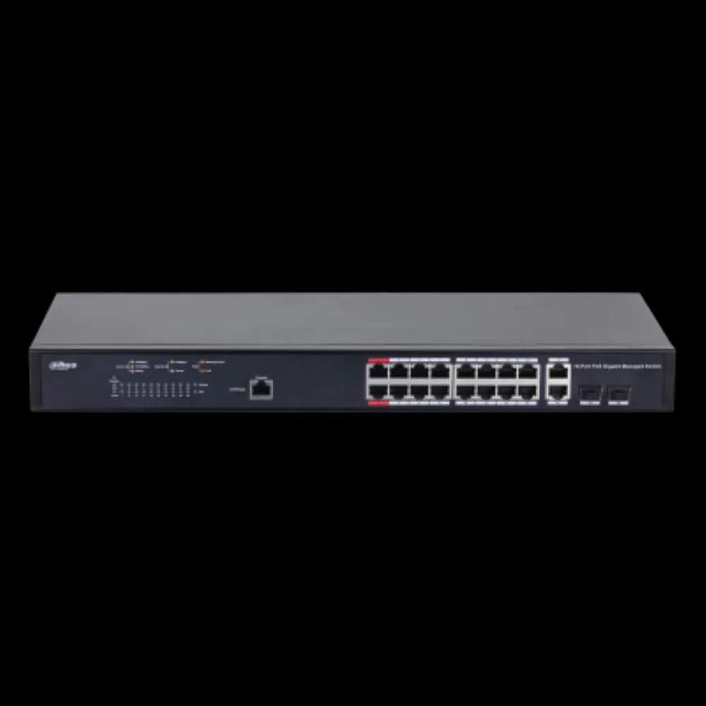 Dahua Managed Switch 18 porturi, 16 porturi POE, Gigabit, Port 1-16:16 × 10M/100M/1000MBase-T (PoE), Port 17-18:2 × 10M/100M/1000MBase-T (uplink) (combo), Port 17-18:2 × 1000M SFP (uplink)(combo), 1 × Console port, Managed L2, Capacitate switch: 56 Gbps, Packet Forwarding Rate: 29.76 Mpps — miniatură