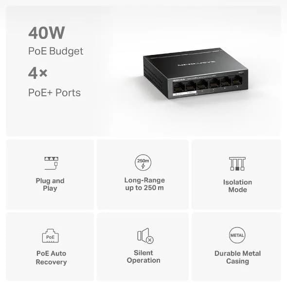 Mercusys Desktop Switch MS106LP 6 porturi 10/100Mbps, Standarde si protocoale IEEE 802.3x Flow Control, 4 porturi POE, buget POE 40W, dimensiuni: 99.8*98*25mm. — miniatură