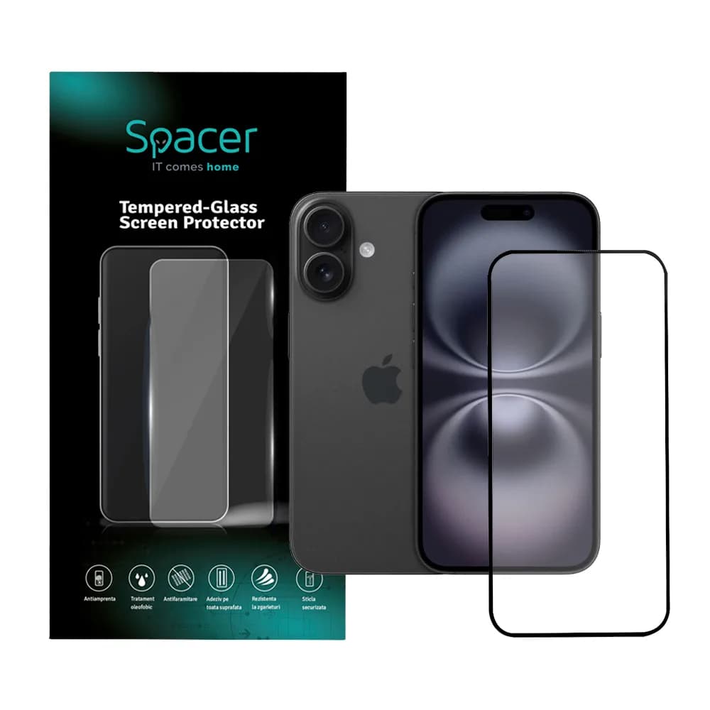 FOLIE STICLA Spacer pentru Iphone 16, grosime 0.3mm, acoperire totala ecran, strat special anti-ulei si anti-amprenta, Tempered Glass, sticla 9D, duritate 9H "SPPG-AP-IP16-TG"