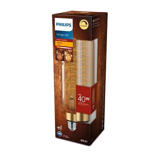 Bec LED vintage (decorativ) Philips Classic Gold Giant T65, EyeComfort, E27, 7W (40W), 470 lm, lumina calda (1800K), dimabil, cu filament, 27.3x6.6cm — miniatură