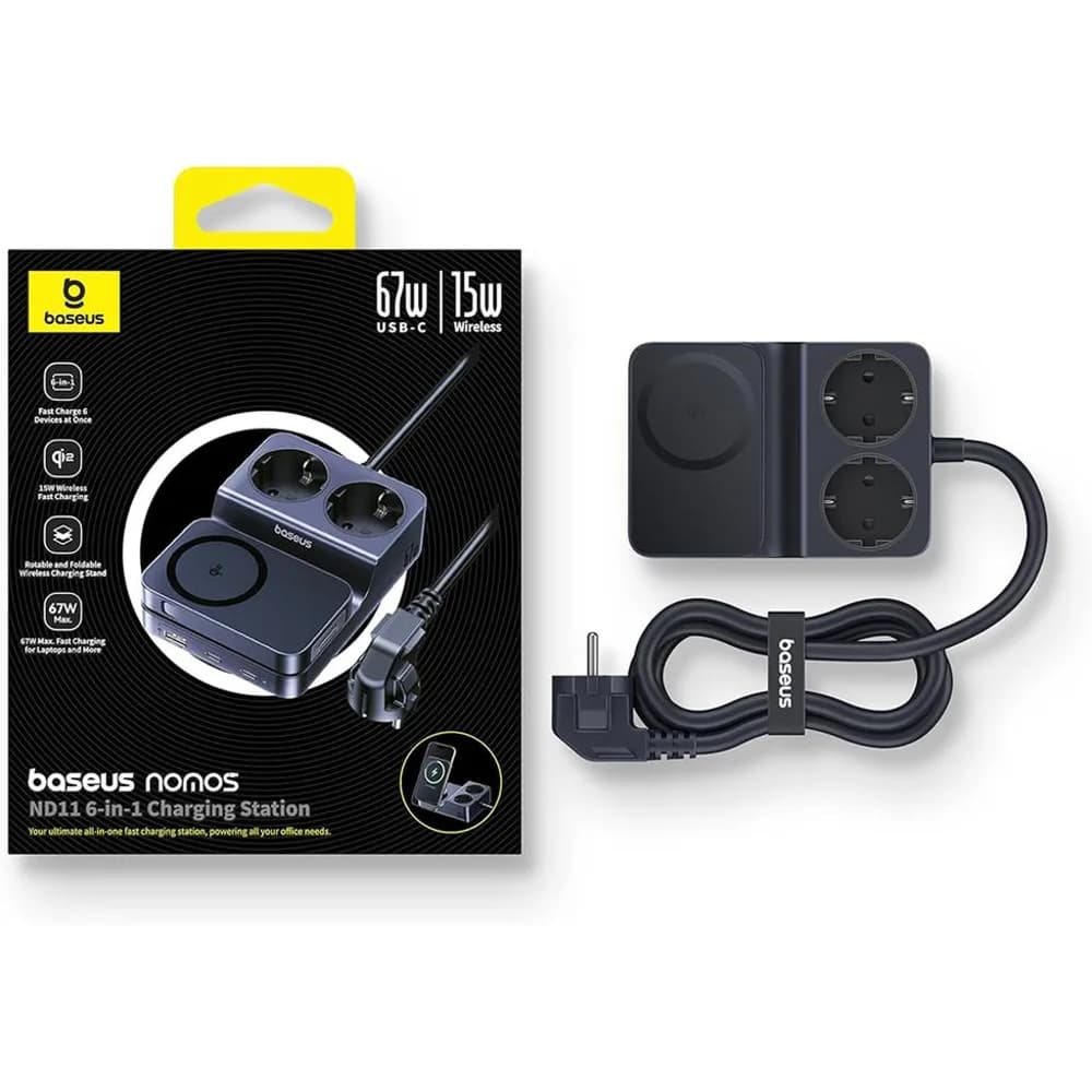 INCARCATOR RETEA Baseus Nomos Powerstrip, QC 67W, 2 x AC, 2xUSB Type-C, 1 x USB, 1 x incarcare wireless magnetica 15W, lungime cablu 1.5m, negru "E00078801123-00"-6932172689704 — miniatură