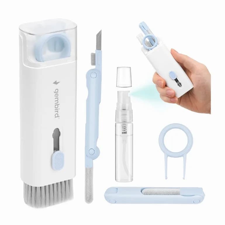 KIT curatare universal 7-in-1 GEMBIRD, 1 solutie curatare, pensula, servetel microfibra, extractor taste, burete, perie, instr. cu varf de silicon pt. curatare casti, "CK-LCD-07" — miniatură