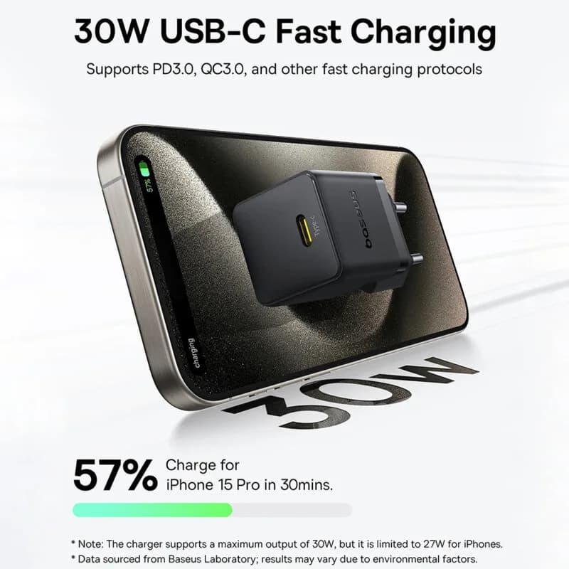 INCARCATOR retea Baseus Palm, Quick Charge 30W, 1 x USB Type-C, negru "P10111605113-00" - 6932172672775 — miniatură
