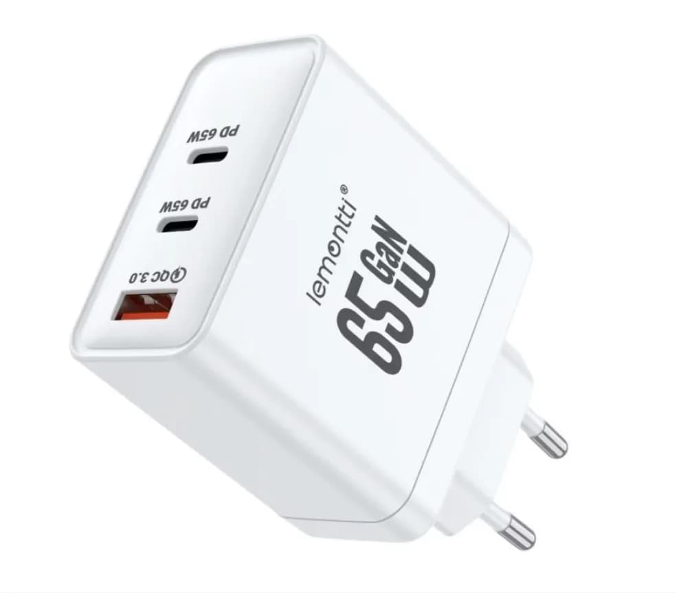 Lemontti Incarcator Retea GaN 2x Type-C si 1x USB-A, 65W, Fast Charge, EU Plug, Alb