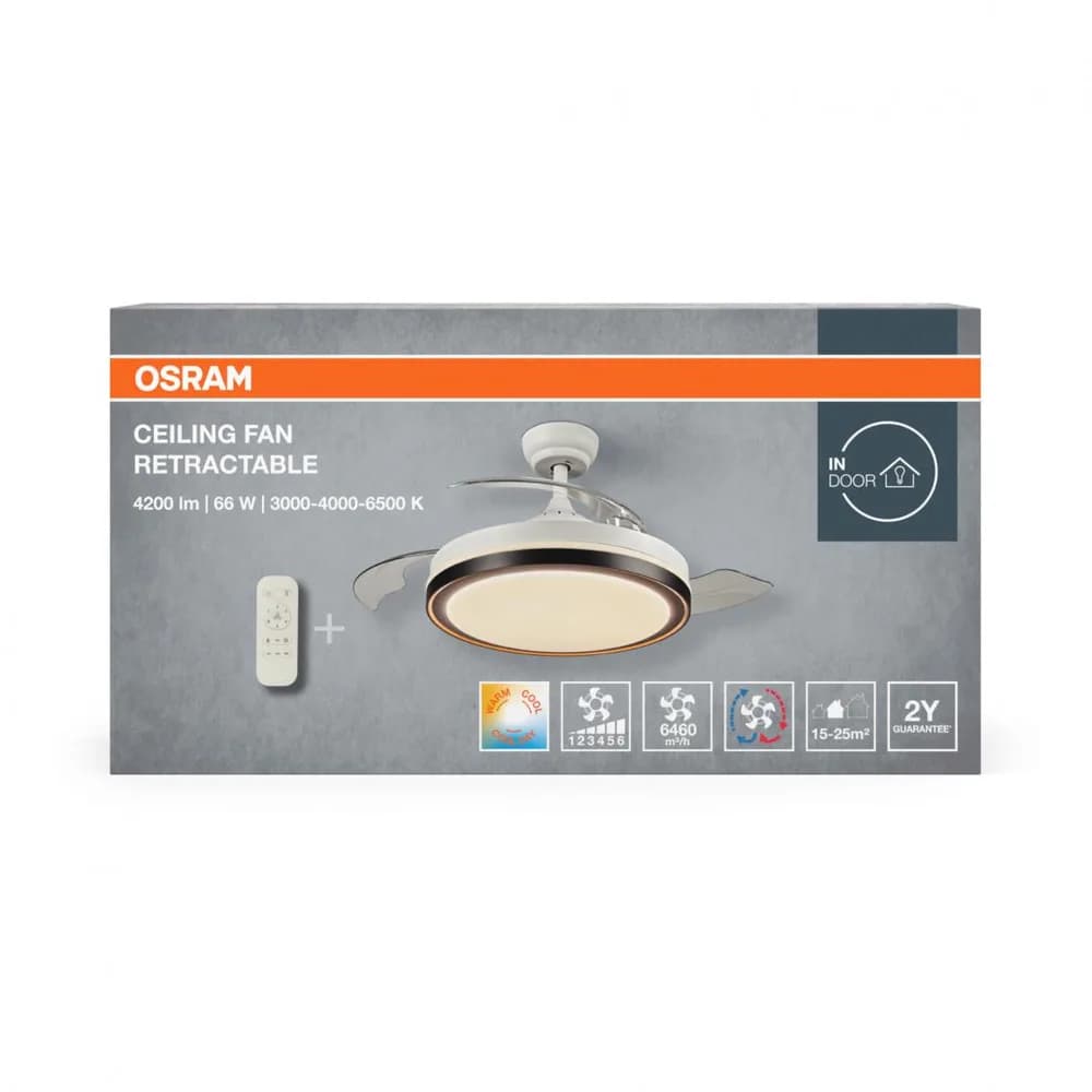Plafoniera LED cu ventilator Osram Retractable cu Telecomanda, 66W, 4200lm, lumina alba (3000-4000-6500K), IP20, max 6460 m³/h, timer 2h-4h-8h, Alb/Negru — miniatură