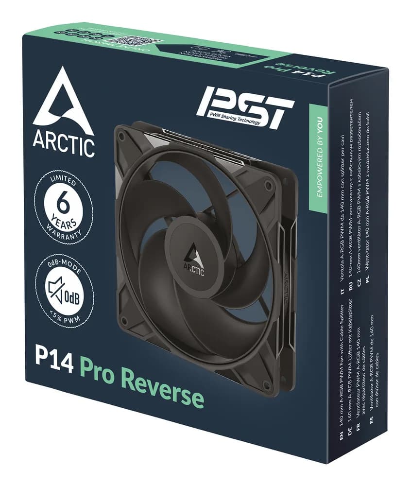 Ventilator Arctic "P14 Pro Reverse", 140mm, 400 - 2650 RPM, FDB, 98 cfm, 4-Pin Fan Plug + 4-Pin Socket, negru, "ACFAN00329A" — miniatură