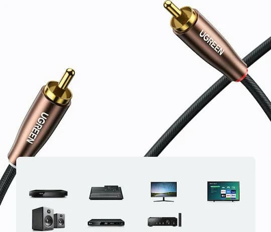 CABLU audio Ugreen, "AV104" 2 x RCA (T) la 2 x RCA (T), 2m, conectori auriti, negru "10518" - 6957303815180 — miniatură