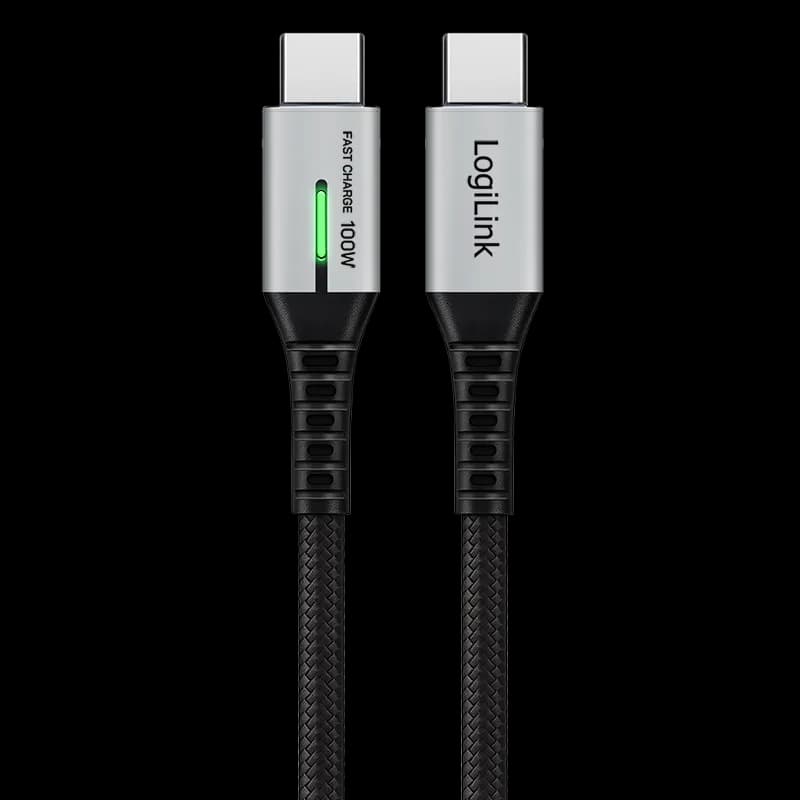 CABLU alimentare si date LOGILINK, pt. smartphone, USB 3.2, USB Gen Type-C (T) la USB Type-C (T), 1m, PD 100W, 4K, LED, 3 x ecranat, 20Gbps, metal, negru&gri, "CU0432" — miniatură
