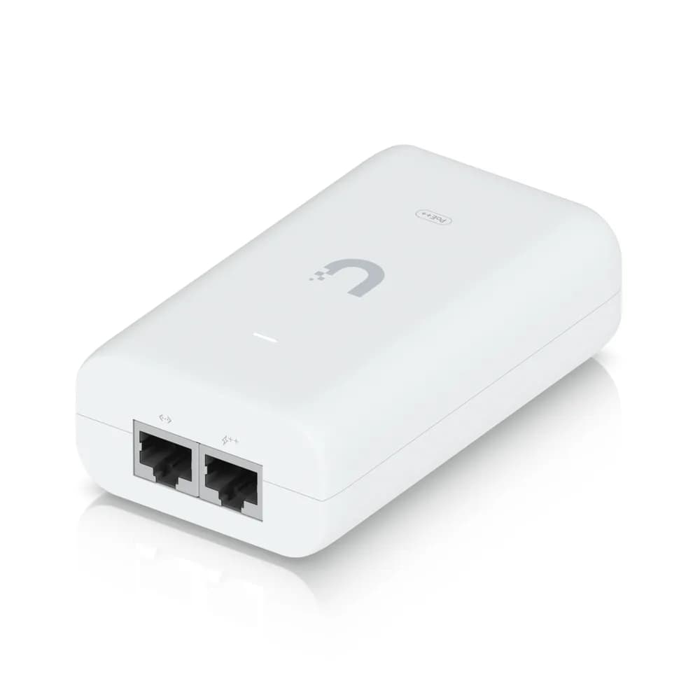 UBIQUITI PoE++ Adapter; Delivers up to 60W of PoE++; Surge, peak pulse, and overcurrent protection; Contains RJ45 data input, AC cable with earth ground, and PoE++ output; LED indicator for status monitoring. "U-POE-PLUS_PLUS-EU" — miniatură